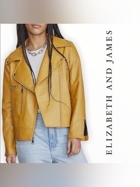 Elizabeth and James Mustard Yellow Faux-Leather Edgy Multi-Zip Moto Jacket Sz XS